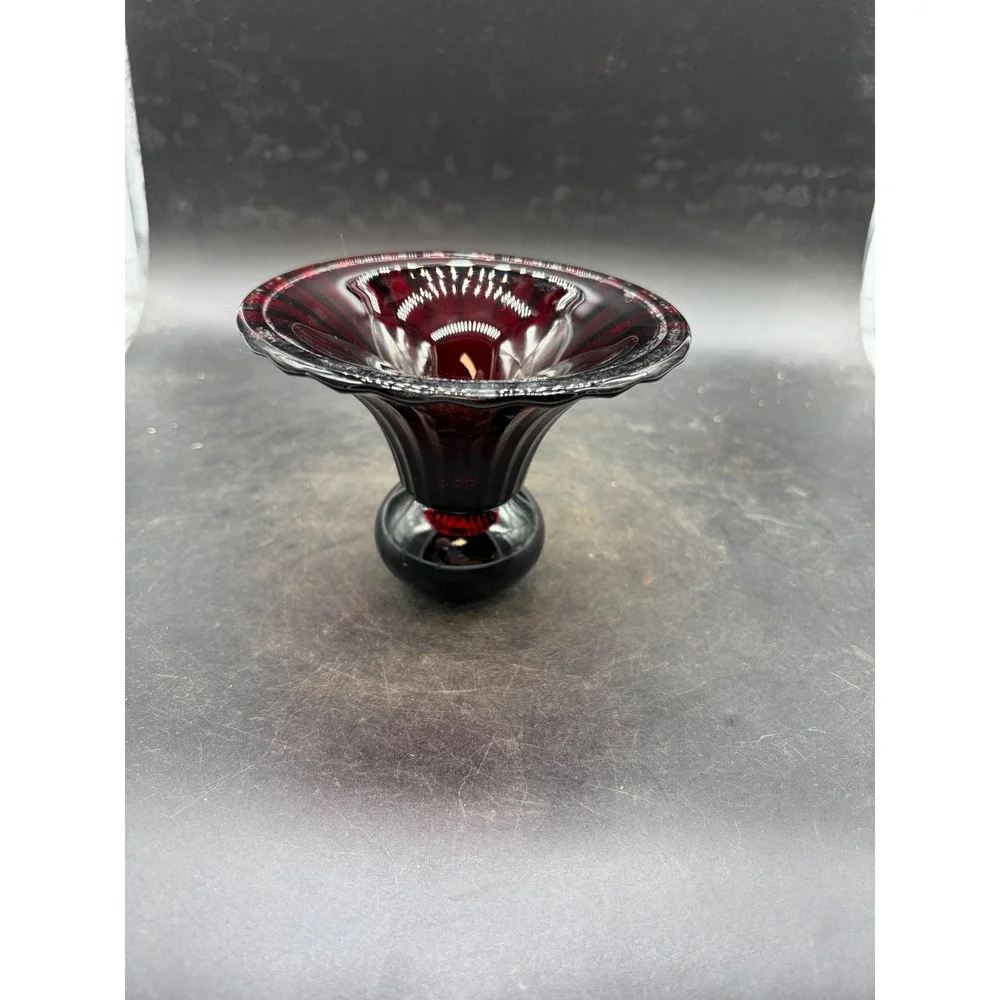 Vintage Ruby Red Glass Flared Pedestal Bowl Ribbed Centerpiece Vase